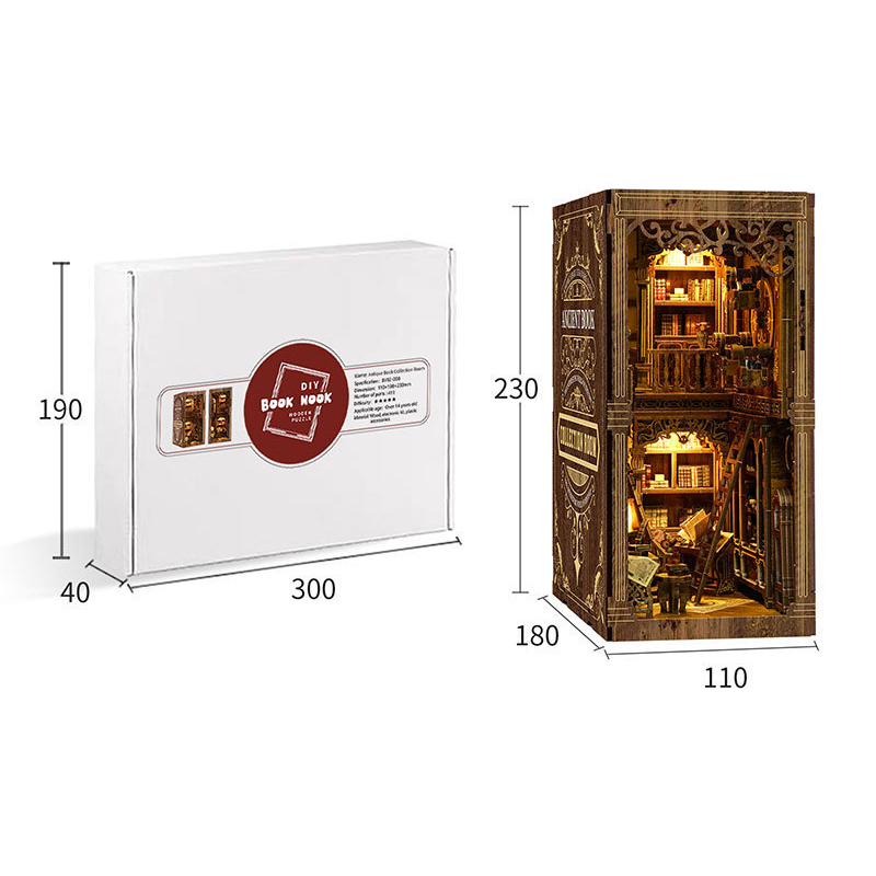 Vintage library DIY book nook size comparison image showing product dimensions, packaging box size, warm illuminated interior, and detailed bookshelf miniature scene