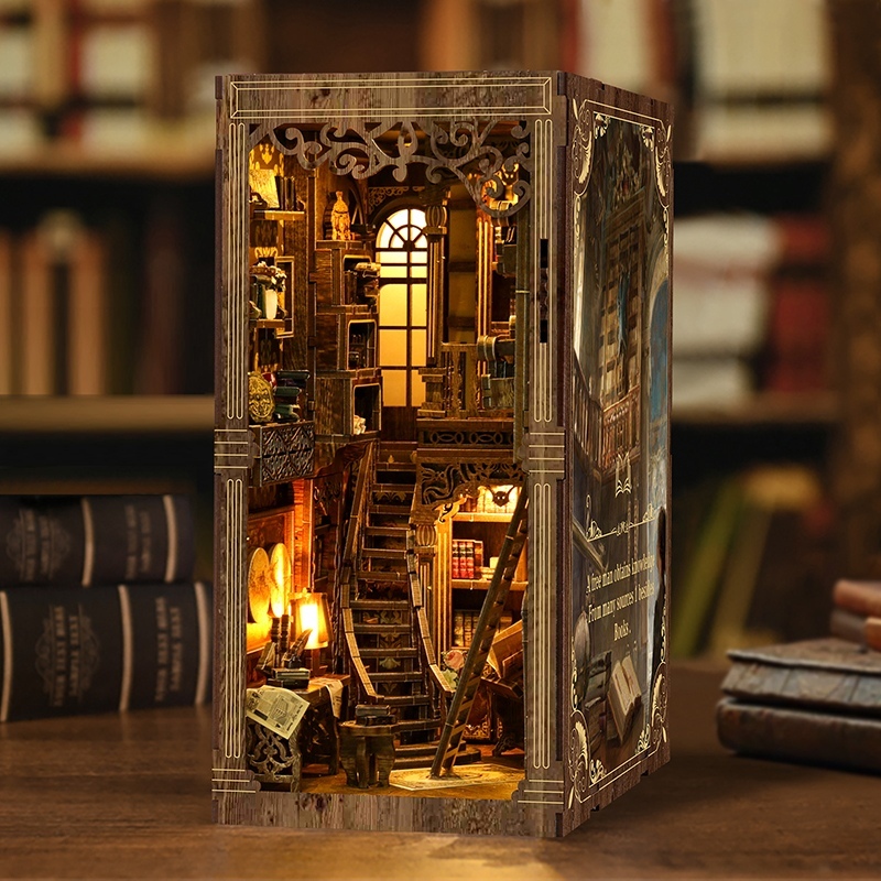 Warmly lit vintage library DIY book nook with intricate bookshelves, staircases, antique-style decor, and cozy reading room atmosphere