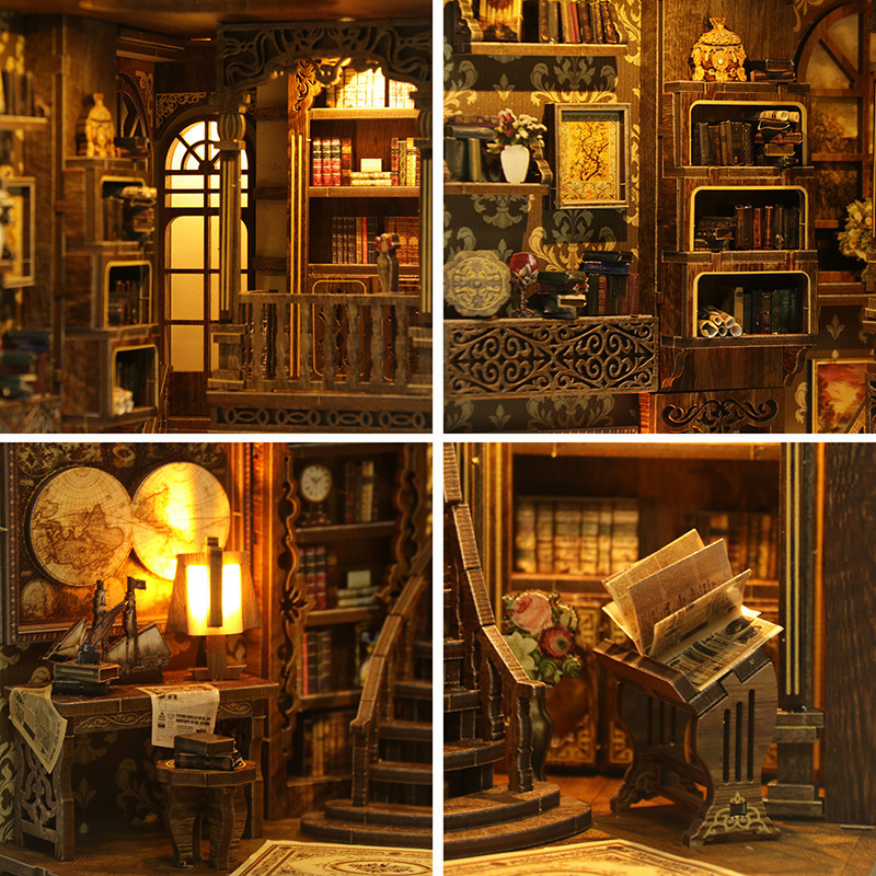 Close-up details of the Xinyue Ancient Book Collection Room DIY book nook featuring miniature bookshelves, vintage study decor, warm lighting, and elegant wooden textures