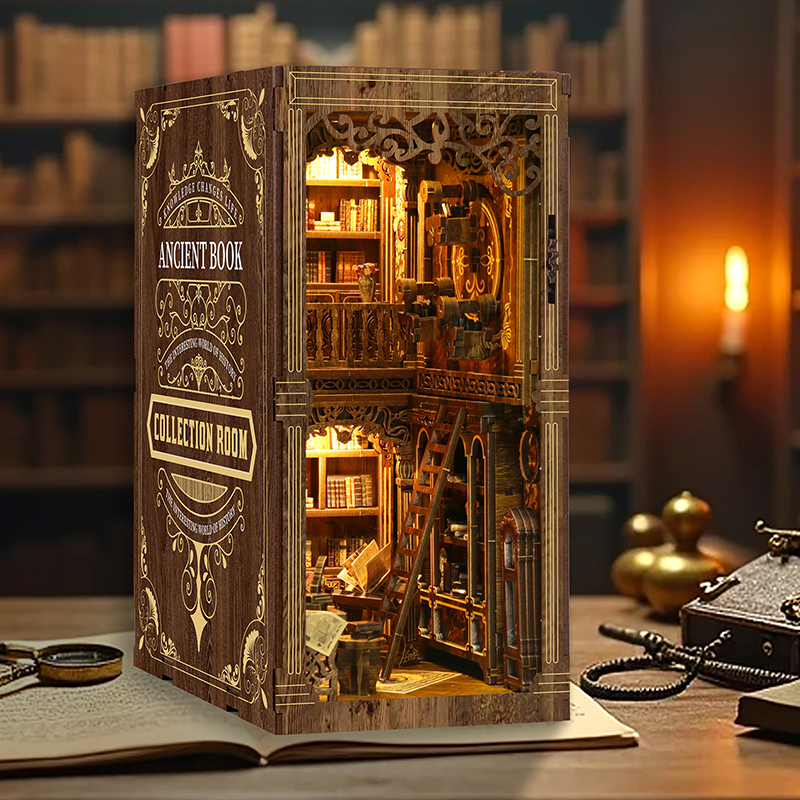Warmly illuminated miniature library book nook featuring detailed staircases, vintage bookshelves, intricate wooden architecture, and immersive old-world study ambiance