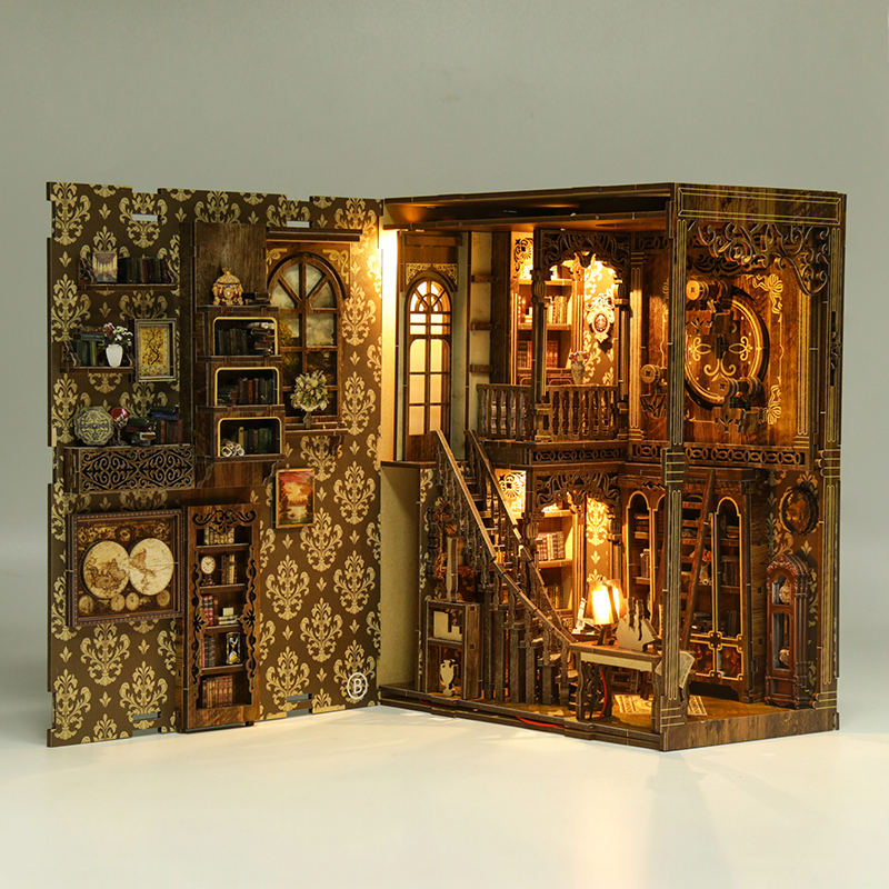 Open-side view of the Ancient Book Collection Room DIY book nook highlighting hidden interior construction, decorative wallpaper, miniature furniture, and cozy vintage library atmosphere