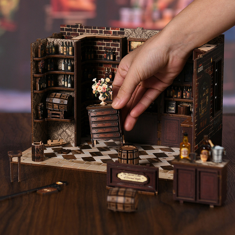 Interior assembly view of Xinyue Corner Tavern DIY miniature house featuring vintage furniture, wine shelves, wooden textures, and detailed tavern scene decor