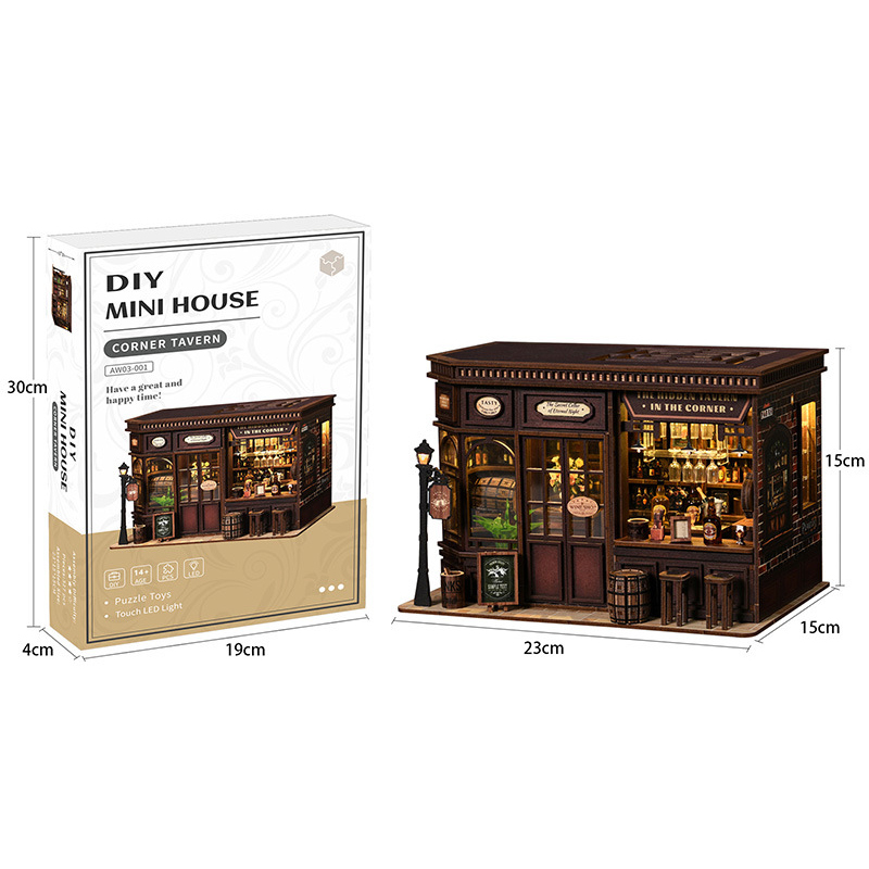 Xinyue Corner Tavern DIY miniature house with product packaging, detailed tavern scene, warm LED lighting, and finished size dimensions for display and collection