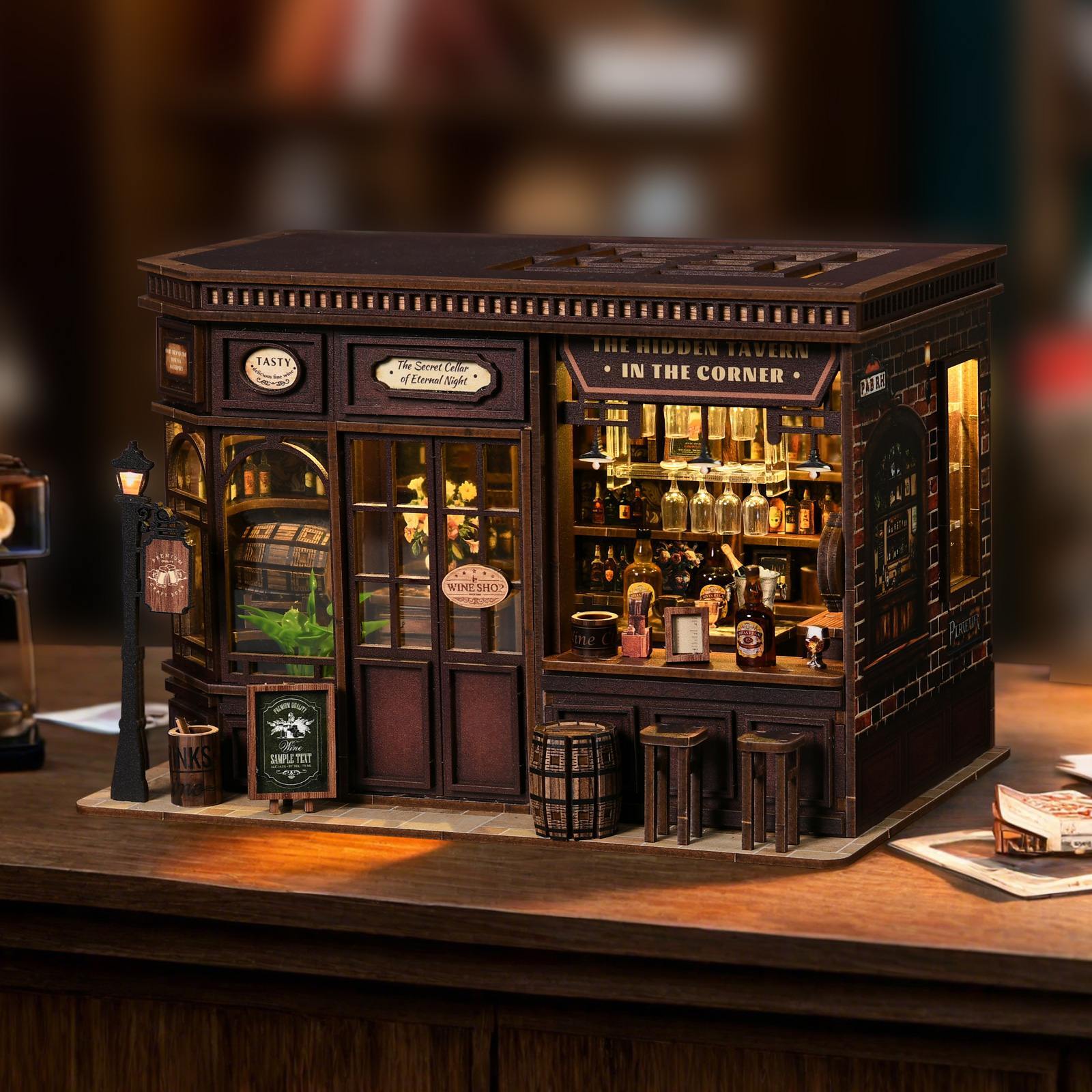 Xinyue Corner Tavern DIY miniature house with warm LED lighting, vintage wine bar details, wooden storefront, stools, and cozy tavern atmosphere