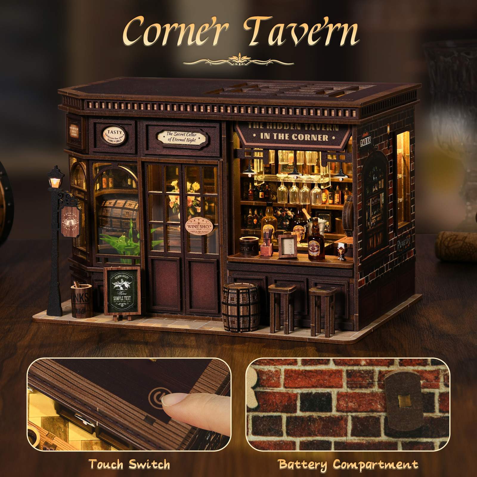 Xinyue Corner Tavern DIY miniature house featuring touch switch lighting, battery compartment, wooden storefront details, and miniature tavern decor