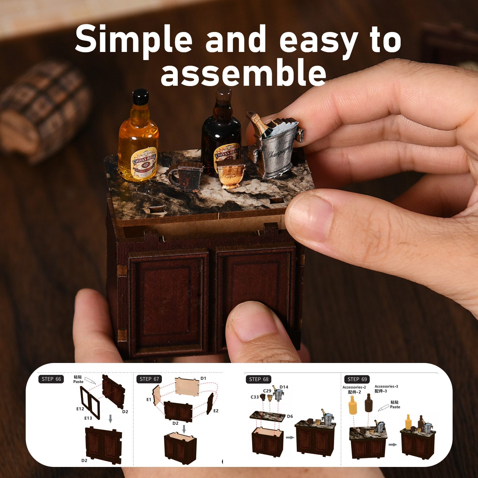 Close-up of Xinyue Corner Tavern DIY miniature furniture assembly with detailed wine bottles, wooden cabinet pieces, and easy-to-build crafting experience
