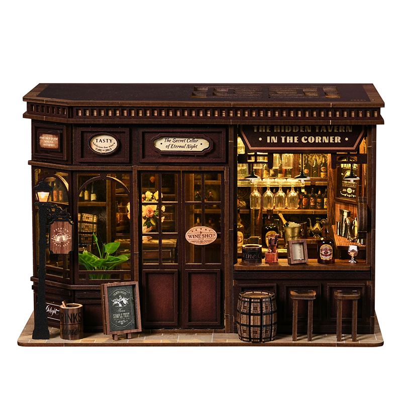 Front view of Xinyue Corner Tavern DIY miniature house featuring detailed wine shelves, hanging glasses, wooden textures, and classic tavern scene decor