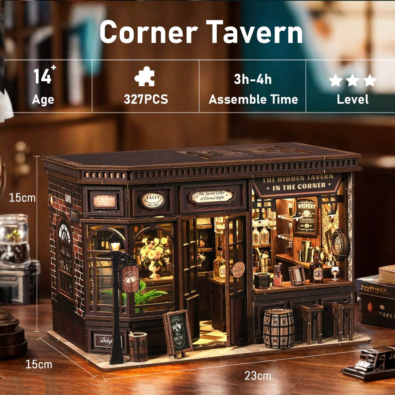 Xinyue Corner Tavern DIY miniature house with detailed dimensions, warm LED lighting, vintage wine bar interior, and cozy tavern display scene