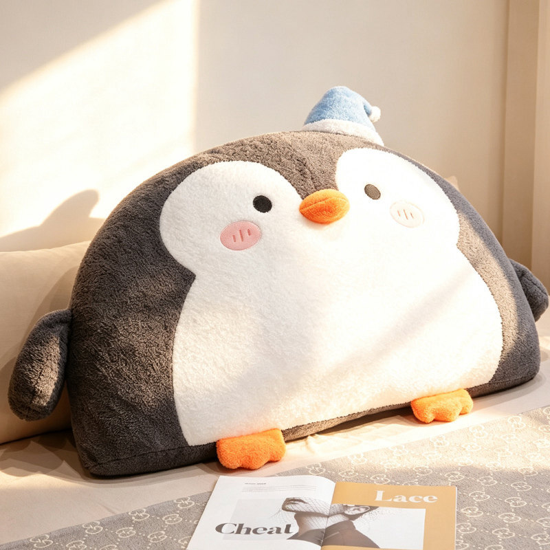 Gray penguin plush backrest pillow with soft plush texture designed for comfortable bed support and relaxing use