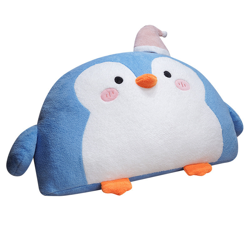 Blue penguin plush backrest pillow with soft plush fabric and rounded design isolated on a light background