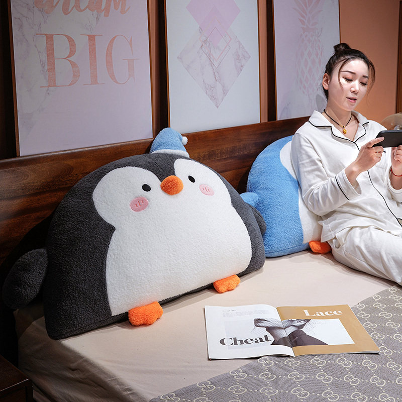 Gray and blue penguin plush backrest pillows for reading, lounging, and cozy bedroom decor