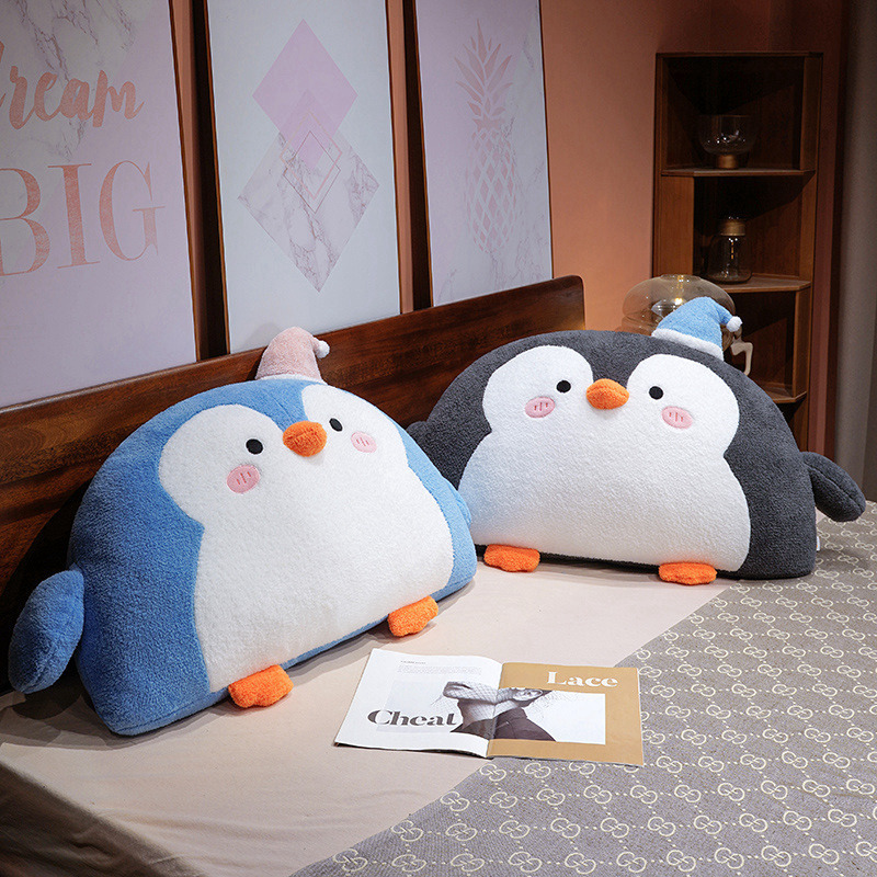 Soft penguin plush backrest pillows in gray and blue designed for lounging, reading, and comfortable bed support