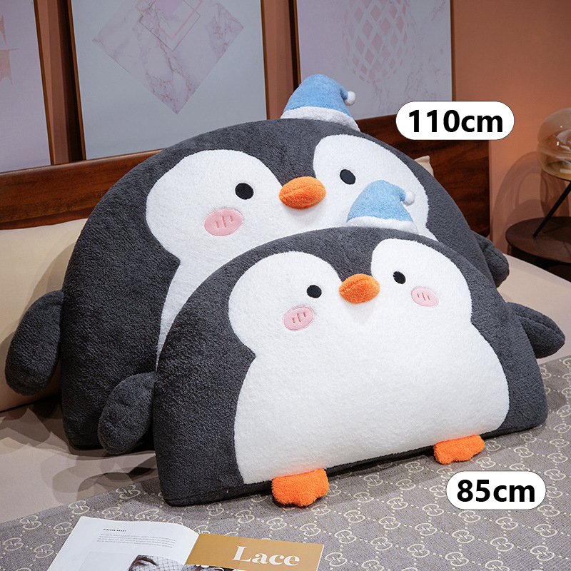 Penguin plush backrest pillow size comparison showing 85 cm and 110 cm options for beds and sofas