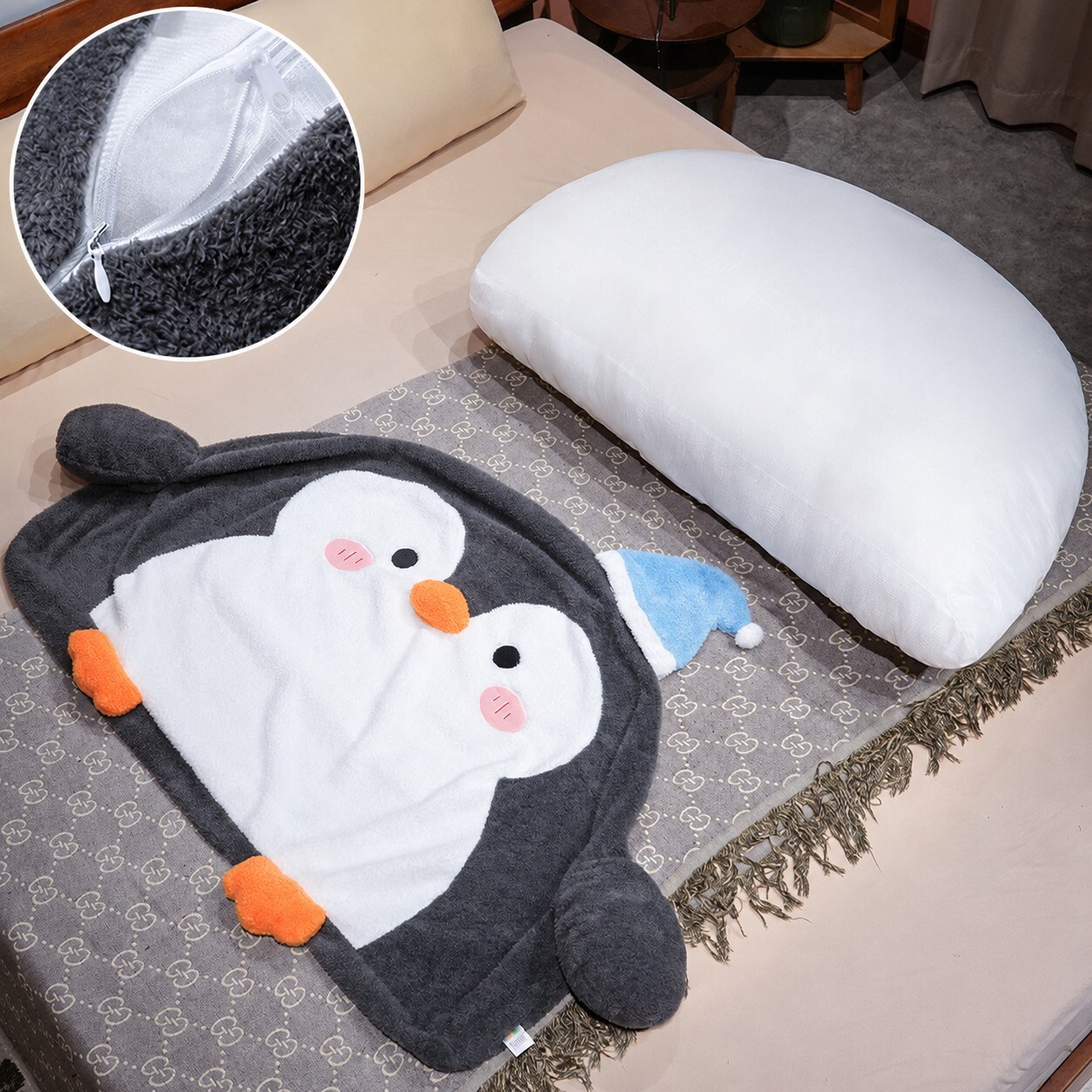 Penguin plush backrest pillow with removable cover and zipper design for easy cleaning and soft bedroom comfort