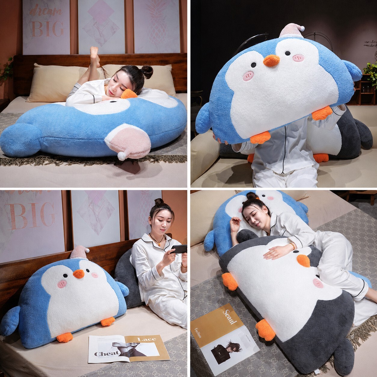 Penguin plush backrest pillow used as a bed pillow, hugging cushion, and soft back support pillow