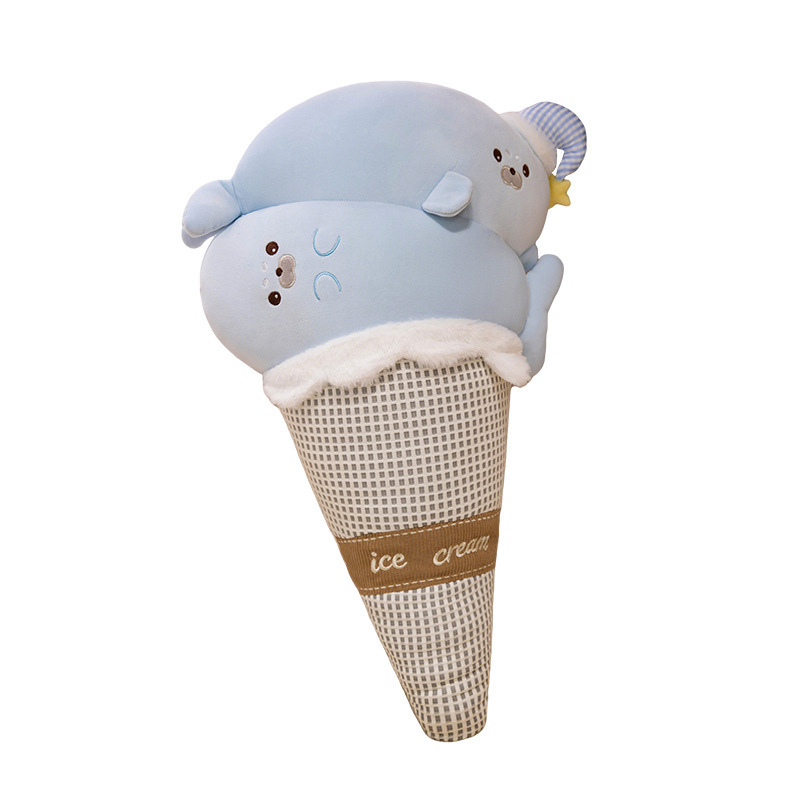 Blue seal ice cream plush pillow with soft plush fabric, waffle cone design, and cute dessert-inspired details for cozy hugging and decorative display