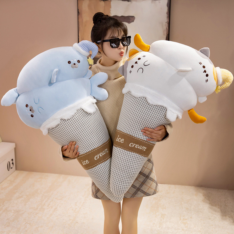 Cat and Seal Ice Cream Plush Pillow featuring cute dessert-inspired animal designs, soft plush texture, and cozy cone-shaped cushions for hugging, relaxing, and bedroom decor