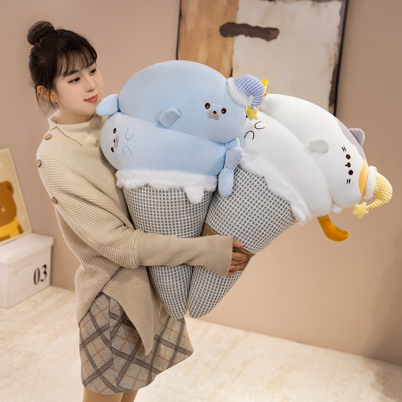 Soft cat and seal ice cream plush pillows with fluffy dessert-themed designs, cozy cone cushions, and playful pastel colors for cuddling and room decoration