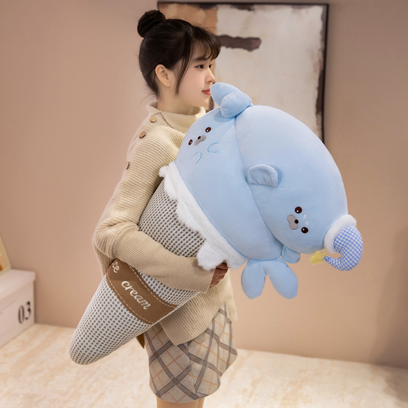 Seal ice cream plush pillow with soft pastel blue design, fluffy cone details, and cozy plush texture for hugging, relaxing, and cute bedroom decor