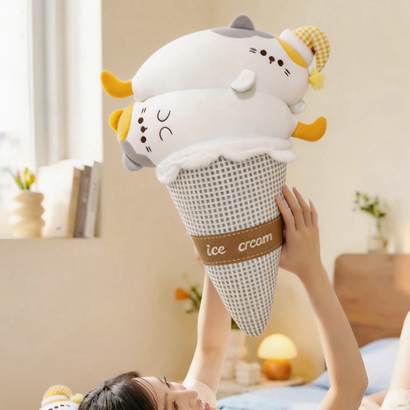 Cat ice cream plush pillow with cute cone-shaped design, soft plush fabric, and cozy dessert-themed styling for hugging, lounging, and playful home decor