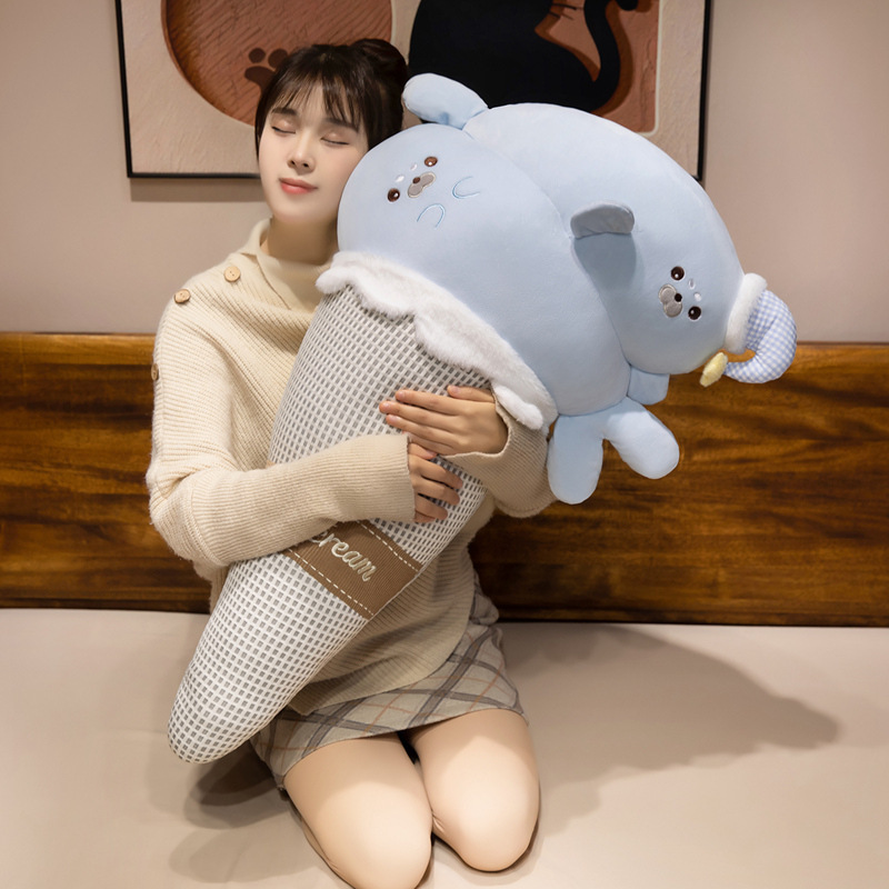 Seal ice cream plush pillow with soft pastel blue design, cozy cone shape, and fluffy plush texture for cuddling, relaxing, and cute bedroom decor