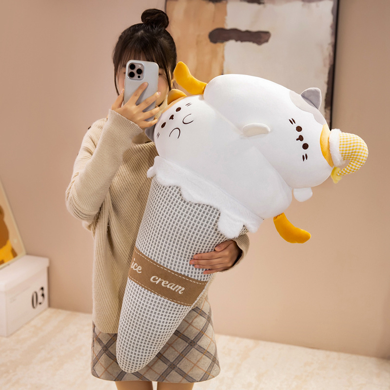 Cat ice cream plush pillow featuring a soft dessert-inspired cone design, plush texture, and cozy cuddling comfort for relaxing and room decoration