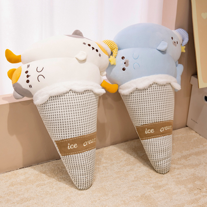 Cute cat and seal ice cream plush pillows featuring waffle cone designs, soft plush texture, and cozy dessert-themed decor for sofas, beds, and relaxing spaces