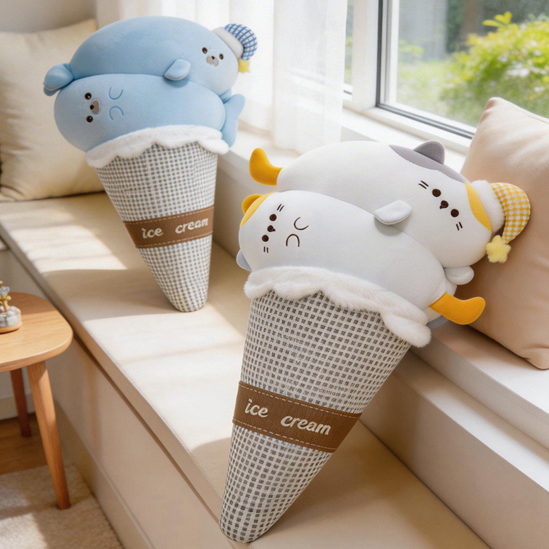 Cat and seal ice cream plush pillows with playful dessert-inspired styling, soft plush fabric, and cozy cone cushions for relaxing and decorative display