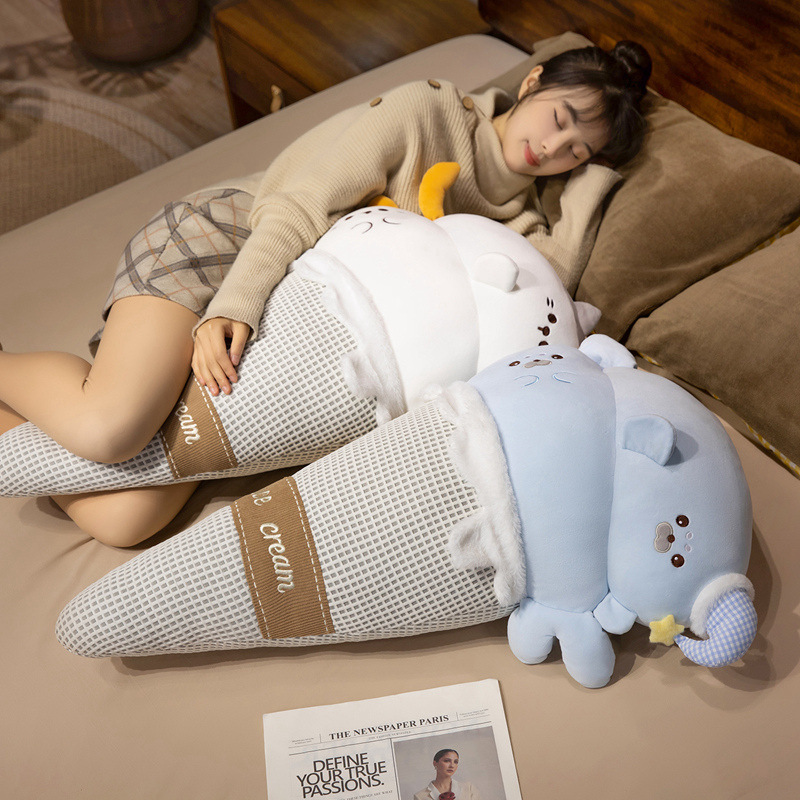 Cat and seal ice cream plush pillows with soft dessert-inspired cone designs, plush fabric, and cozy cuddling comfort for relaxing and bedtime lounging