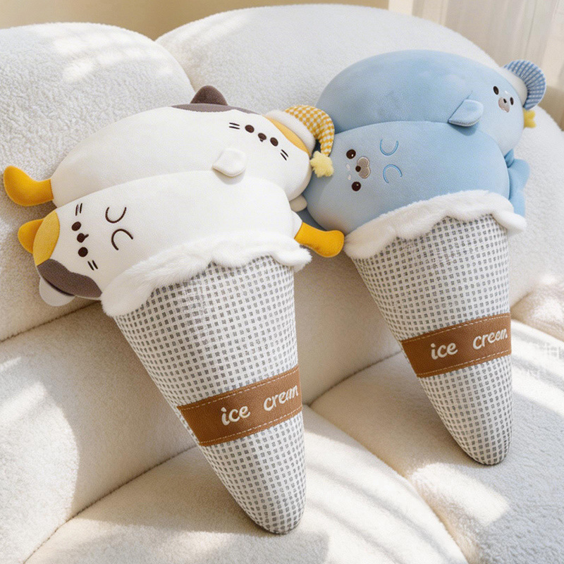 Soft cat and seal ice cream plush pillows featuring cute cone-shaped designs, pastel colors, and cozy plush texture for cuddling and bedroom decor