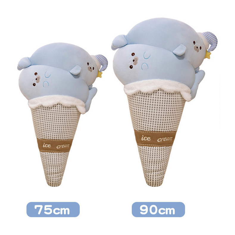 Seal ice cream plush pillow size comparison featuring 75 cm and 90 cm cone-shaped cushions with soft plush texture and cute dessert-inspired design details