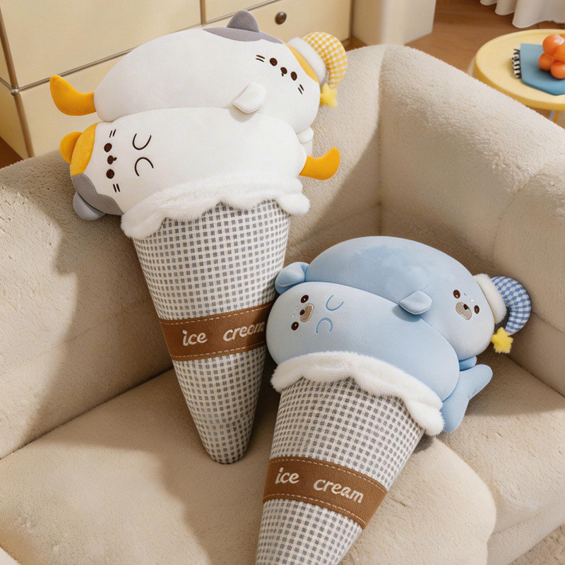 Cat and seal ice cream plush pillows with soft dessert-inspired cone designs, fluffy plush texture, and cozy styling for sofa decor and relaxing spaces