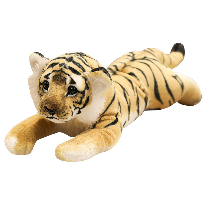 Realistic tiger plush toy with detailed striped patterns, soft plush fabric, and a relaxed lying pose for cuddling, collecting, or wildlife-themed decor