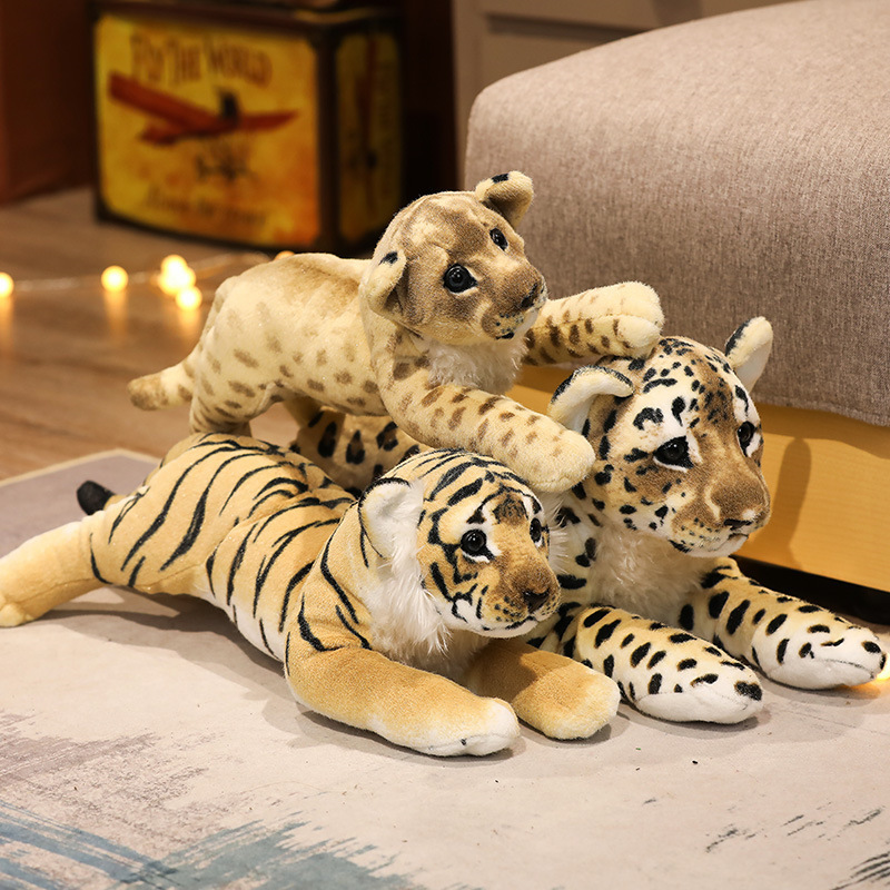 Realistic leopard, lion, and tiger plush toys with soft fur textures and detailed wildlife-inspired designs for cuddling, display, and cozy room decor