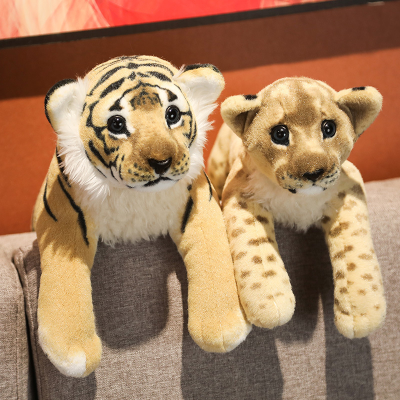 Realistic tiger and lion plush toys with detailed fur patterns, soft plush textures, and cozy wildlife-inspired designs for cuddling and decorative display