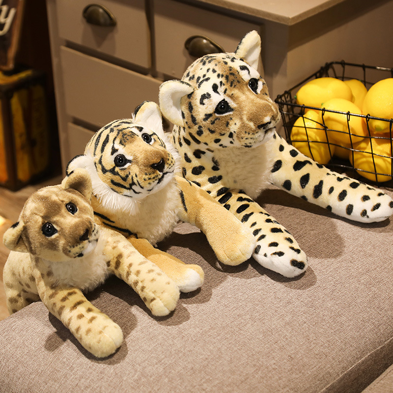 Leopard, tiger, and lion plush toys with realistic facial details, soft plush fabric, and relaxed lying poses for hugging, display, or wildlife-themed room decor