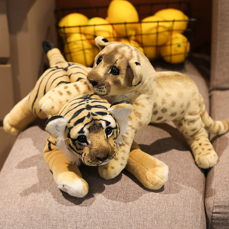 Lion and tiger plush toys with realistic facial details, soft fur textures, and relaxed poses for cuddling, collecting, or wildlife-themed decor