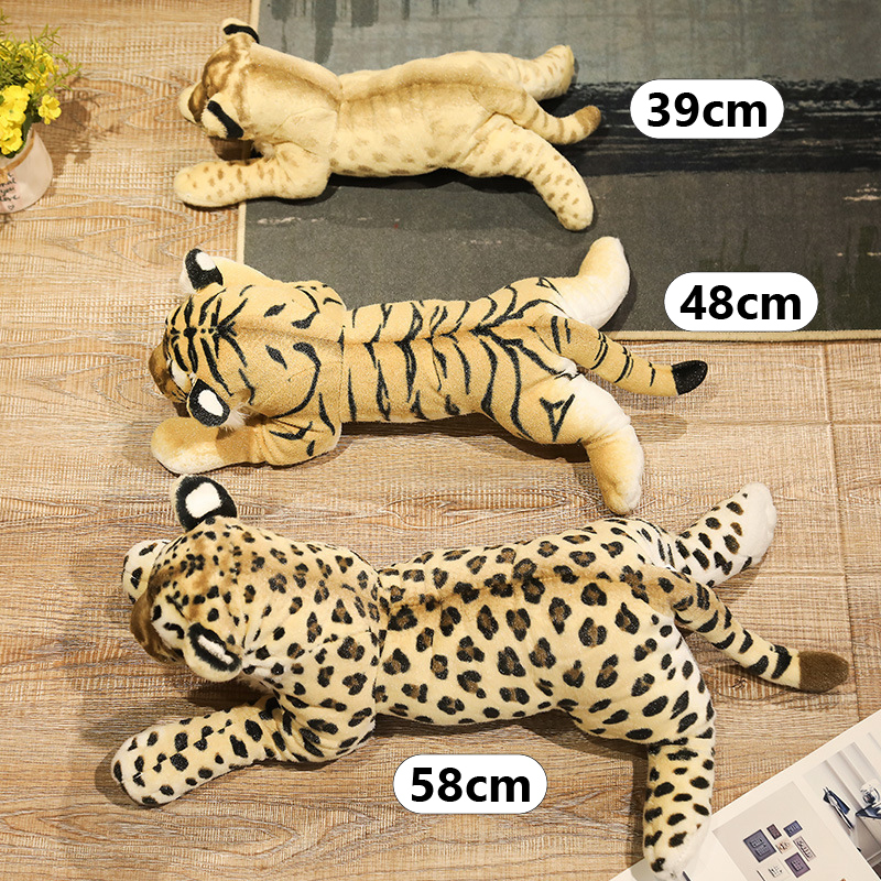 Leopard, lion, and tiger plush toys in 39 cm, 48 cm, and 58 cm sizes featuring realistic animal patterns and soft cuddly designs for hugging and display