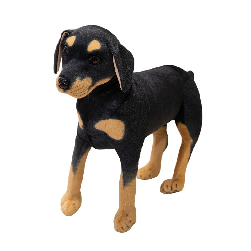 Realistic Rottweiler plush toy featuring soft plush fabric and lifelike dog-inspired design