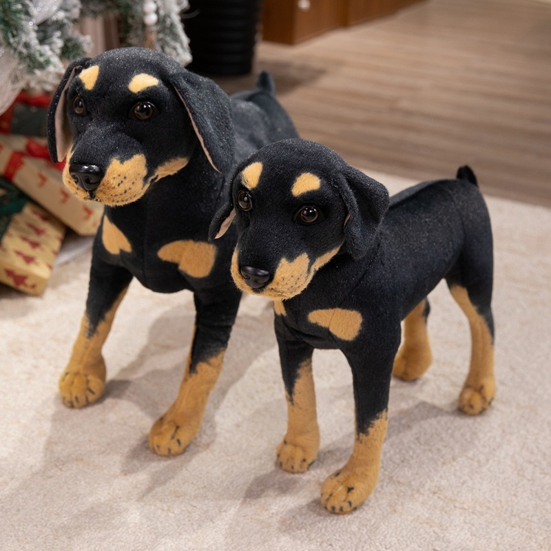 Realistic Rottweiler plush toy featuring soft plush fabric and lifelike dog-inspired details