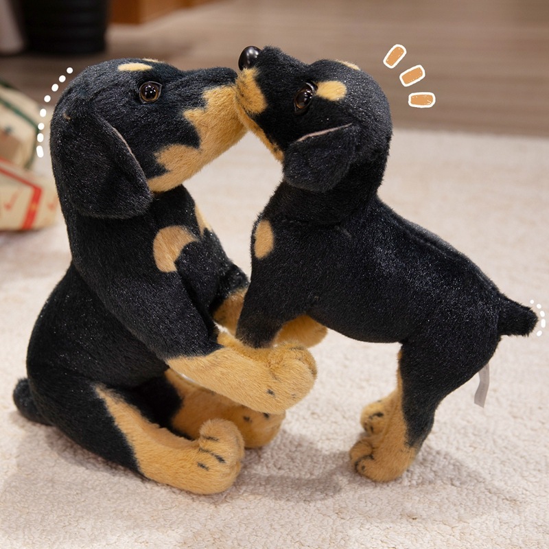 Realistic Rottweiler plush toys displayed together in a playful companion scene
