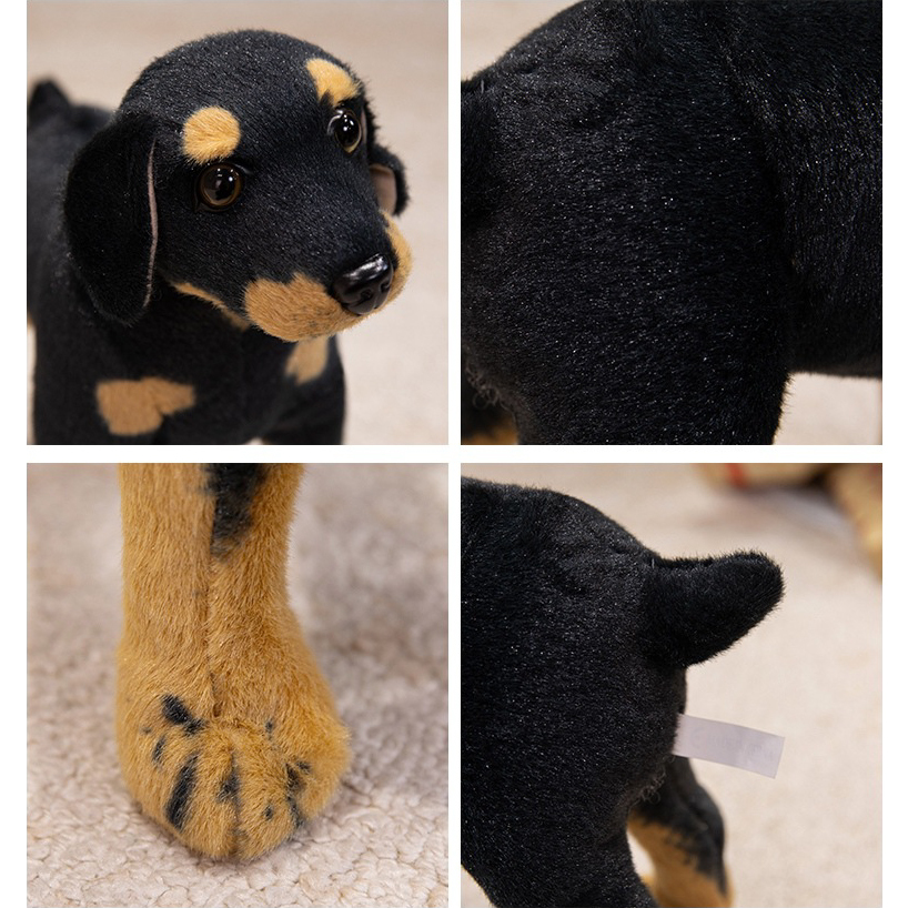 Close-up details of a realistic Rottweiler plush toy featuring soft plush fabric and lifelike craftsmanship
