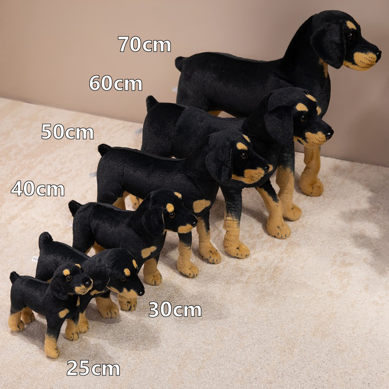 Realistic Rottweiler plush toy size comparison available in 25 cm, 30 cm, 40 cm, 50 cm, 60 cm, and 70 cm