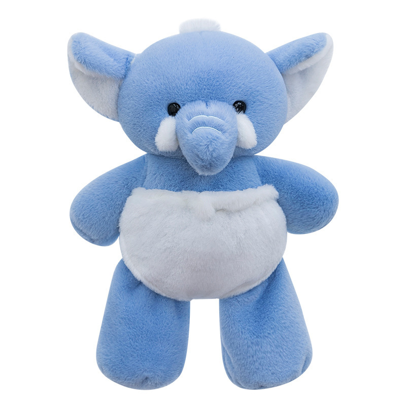 Front view of a blue elephant plush toy with embroidered details, soft plush fabric, and a cuddly design perfect for hugging and collecting