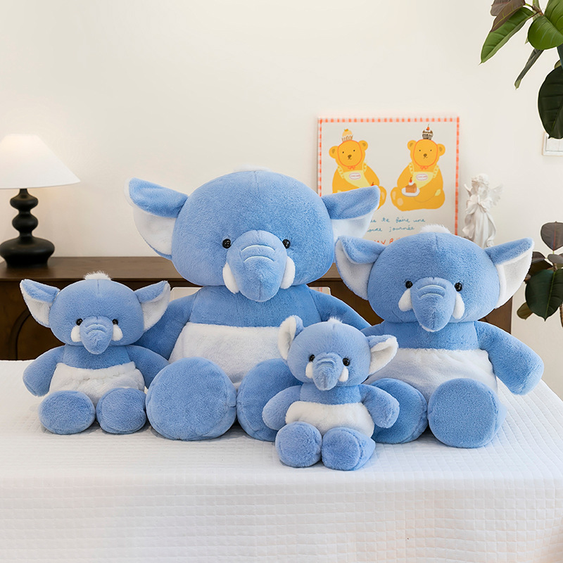Blue Elephant Plush Toy collection featuring four size options, perfect for hugging, decorating bedrooms and living spaces, or building a coordinated plush display