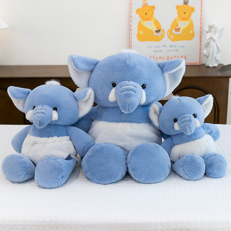 Blue Elephant Plush Toy in multiple sizes displayed together, showcasing soft plush fabric, floppy ears, and a cuddly design for collecting, gifting, and home decor