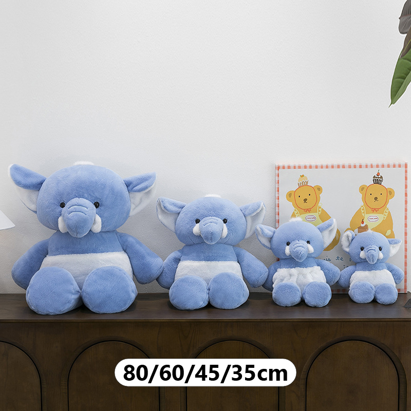 Blue elephant plush toy size comparison featuring 35 cm, 45 cm, 60 cm, and 80 cm options for cuddling, decorating, and gifting