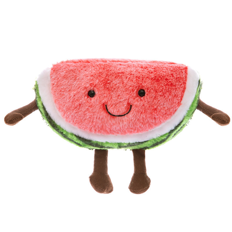 Smiling watermelon plush toy with soft plush texture, embroidered facial details, striped rind design, and dangling arms and legs for cuddling or display