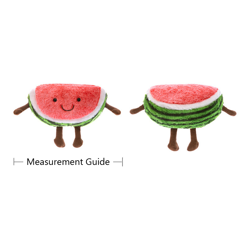 Smiling watermelon plush toy front and back view with soft textured fabric, striped rind details, dangling limbs, and measurement guide for size reference