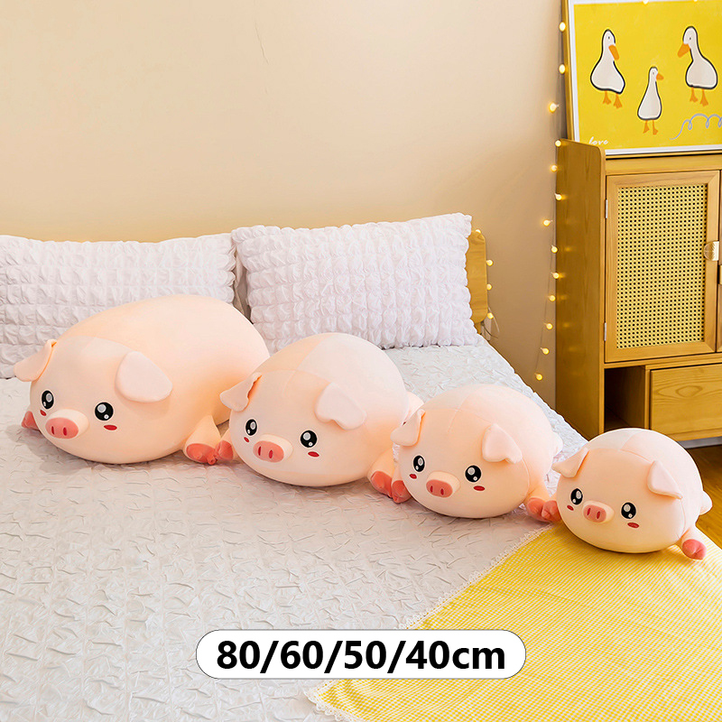 Round Pig Plush Pillow size comparison showing 40 cm, 50 cm, 60 cm, and 80 cm options